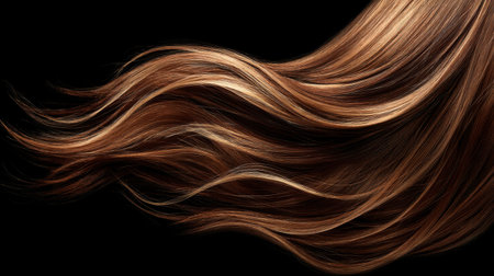 A captivating image of flowing chestnut hair in motion against a black background, emphasizing the texture and shine for beauty and elegance. Ideal for fashion and beauty themes.の素材