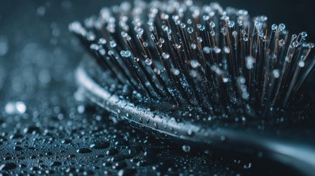 A close-up image of a hairbrush with water droplets on its bristles and surface, showcasing fine details and textures, perfect for beauty and hygiene themes.の素材