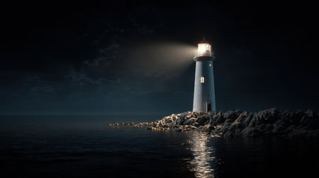 A tranquil scene featuring a lighthouse casting a warm beam of light into the dark ocean at night, creating a serene atmosphere over calm waters and rocky shoreline.の素材