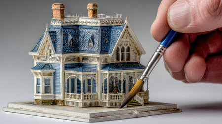 Close-up view of a hand with a paintbrush carefully painting a miniature Victorian house model, showcasing the intricate details and color choices involved in model crafting.の素材