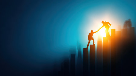 Silhouettes of two men illustrate teamwork and support on a glowing path to success, capturing the essence of partnership and aspiration in a professional setting.の素材