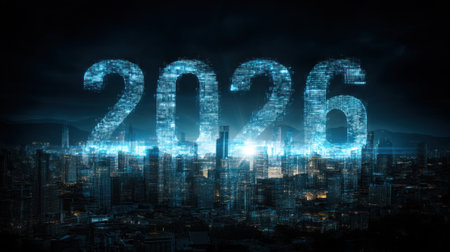 A captivating futuristic cityscape featuring glowing neon numerals "2026" over an urban skyline at night, symbolizing progress and innovation in a cyberpunk aesthetic.の素材