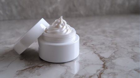 A close-up view of a cream jar with a lid, elegantly placed on a marble surface. This image represents beauty and skincare, capturing luxury and freshness.の素材