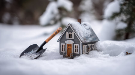 This image showcases a charming miniature house nestled in fresh snow, complemented by a garden shovel, conveying the essence of winterhome care and creativity.の素材