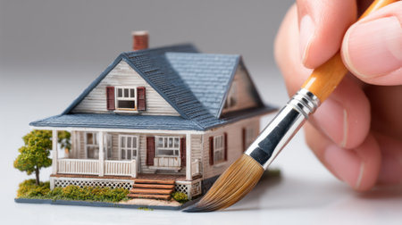A close-up of a hand with a paintbrush applying finish to a miniature house model, showcasing the intricate details and landscaping elements in artistic craftsmanship.の素材