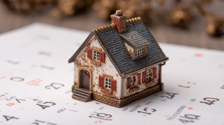 A charming miniature house model rests on a calendar, illustrating the essence of home planning and organization with a touch of vintage design. Perfect for decor.の素材