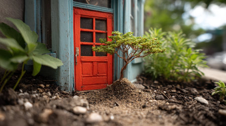 A whimsical miniature scene featuring a tiny red door nestled among lush greenery and a small tree. The intricate details create a charming, serene atmosphere perfect for artistic inspirations.の素材