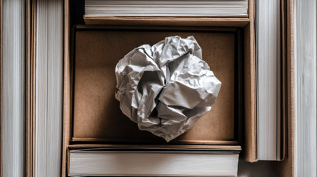 A unique composition featuring a crumpled piece of paper atop a stack of books in a modern workspace, representing the dynamic nature of creativity and idea exploration.の素材
