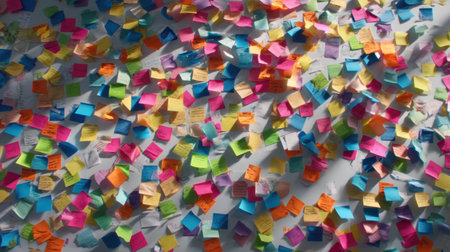 A vivid collection of sticky notes fills the surface with bright colors and diverse messages, showcasing creativity and organization in a dynamic workspace setting.の素材