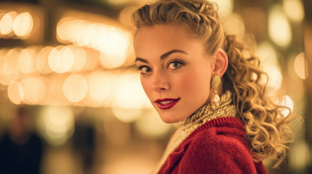 A captivating portrait of a glamorous woman with chic curls and striking makeup. The warm background lights create a festive atmosphere, enhancing her elegance.の素材