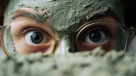 A close-up image of a person's face featuring a green clay mask and glasses, showcasing a curious expression. This visual conveys themes of beauty, self-care, and relaxation.の素材