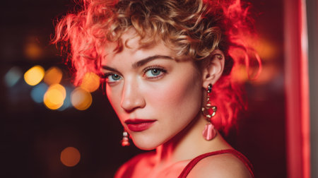 Captivating portrait of a young woman with curly hair and bold makeup, featuring colorful lighting and a confident gaze, perfect for beauty and fashion themes.の素材