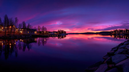 Experience a stunning sunset view over a calm lake, with vibrant purple and pink hues reflected on the water, surrounded by serene trees and inviting cabins.の素材