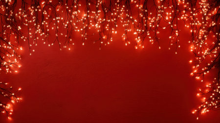 This stunning red background adorned with twinkling fairy lights creates a warm and inviting atmosphere, perfect for festive celebrations and holiday gatherings.の素材