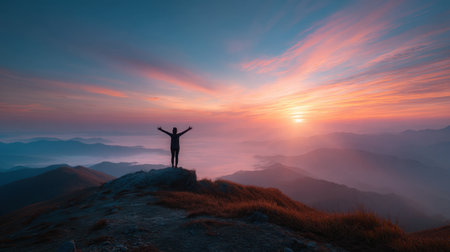 A person stands on a mountain peak during sunset, arms outstretched in a moment of triumph, surrounded by a breathtaking landscape of colorful skies and distant hills.の素材