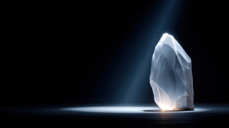 A captivating clear quartz crystal stone illuminated by a soft light beam creates a serene and tranquil atmosphere, perfect for themes of healing and meditation.の素材