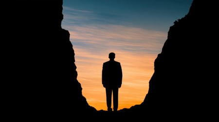 A powerful silhouette of a businessman stands in a canyon during sunset, representing the profound moments of reflection and the journey toward personal growth and achievement.の素材