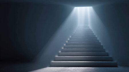 A stunning visual of stairs illuminated by soft beams of light piercing through darkness, evoking feelings of hope, inspiration, and a journey toward enlightenment.の素材