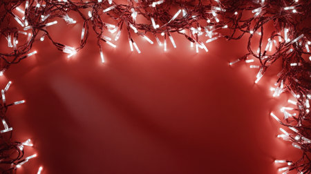 A vibrant red background adorned with twinkling red Christmas lights creates a festive atmosphere perfect for holiday celebrations and cheerful decorations.の素材