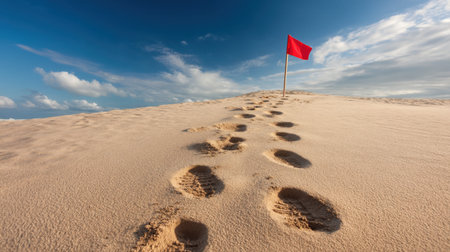 A captivating view of footprints in soft sand leading to a red flag on a dune, set against a bright sky with scattered clouds, creating a tranquil beach atmosphere.の素材