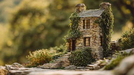A charming miniature stone house with lush greenery highlights exquisite craftsmanship and connects with nature, evoking tranquility and artistic beauty in a scenic setting.の素材