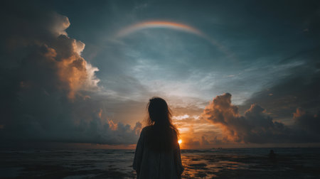 A woman stands in silhouette against a breathtaking sunset with a rainbow arching across a dramatic sky. This image captures the tranquility of nature and the serene moments by the ocean.の素材
