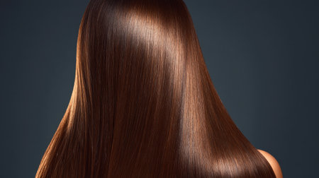 This striking image features long, shiny hair with a natural, glossy finish, showcasing the elegance of hair styling. Ideal for beauty and fashion publications.の素材