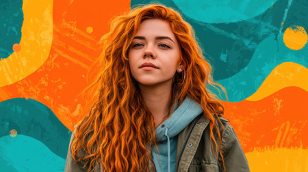 A young woman with radiant orange curls stands confidently in front of a lively abstract background with playful shapes and vibrant colors, showcasing artistic expression.の素材