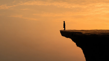 A solitary figure stands on a cliff edge at sunset, capturing the essence of tranquility and reflection in a breathtaking landscape filled with warm colors and dramatic skies.の素材