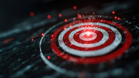 This digital artwork features a striking red and white target with glowing particles, symbolizing focus and success in business strategy and goal achievement.の素材