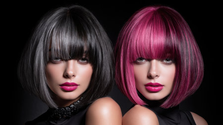 This striking image features two models with chic bob hairstylesの素材