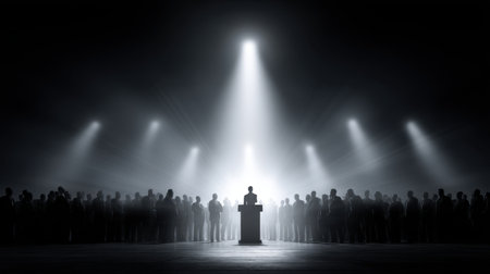 A captivating image captures a speaker on stage surrounded by a crowd, illuminated by dramatic spotlighting, creating a mood of engagement and anticipation.の素材