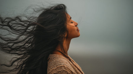 A serene woman enjoys the wind's embrace, allowing her hair to flow freely against a soft, dreamy background. This image captures tranquility and intimate connection with nature.の素材