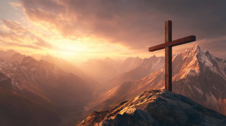 A stunning view featuring a solitary wooden cross set against a backdrop of majestic mountains during sunrise, evoking feelings of hope and serenity in nature.の素材