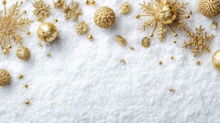 This beautiful image features an array of elegant golden decorations set against a snowy white background, perfect for evoking a festive, luxurious winter atmosphere.の素材