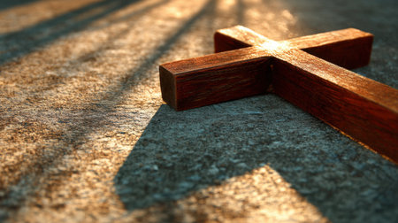 A wooden cross lies gently on a textured surface, casting a long shadow as warm light illuminates its edges, representing themes of faith, hope, and spirituality.の素材