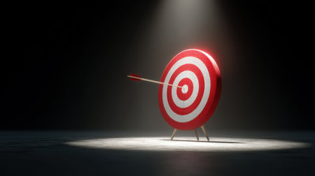 A striking image of an arrow hitting the center of a bullseye target, representing focus and achievement, enhanced by dramatic lighting on a dark backdrop.の素材