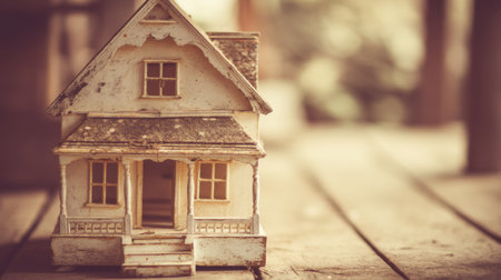 A charming vintage miniature house displayed on a wooden floor, featuring intricate details and soft lighting, creating a nostalgic and cozy atmosphere.の素材
