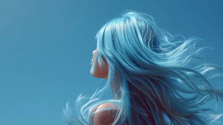 This captivating image features a girl with radiant blue hair flowing against a serene blue sky, evoking feelings of creativity and freedom while showcasing beauty in motion.の素材