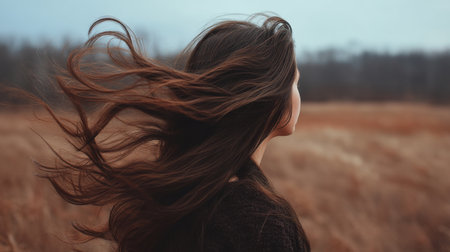 A young woman stands in a field, her hair flowing gracefully in the wind, embodying freedom and tranquility amidst a beautiful natural landscape.の素材