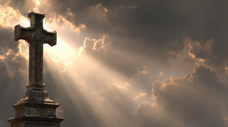 A striking image of a stone cross under dramatic clouds and radiant sunlight, evoking themes of faith, hope, and spiritual reflection against a beautiful sky.の素材