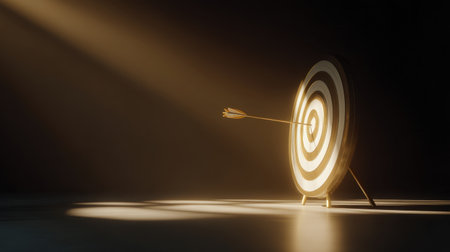 An arrow perfectly hits the bullseye of a target, illuminated by dramatic lighting. This image represents focus, determination, and the pursuit of goals in a powerful setting.の素材