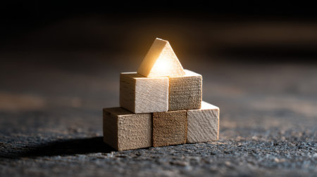 A visually striking arrangement of wooden blocks forming a pyramid with a glowing apex, highlighting themes of creativity and growth in business or education.の素材