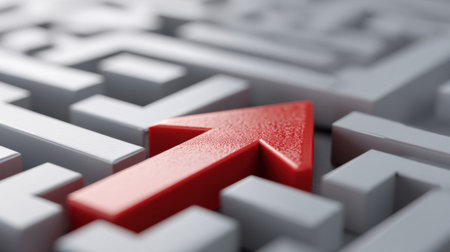 A striking red arrow emerges from a complex white maze, representing overcoming obstacles and finding direction in challenging situations in both personal and professional life.の素材