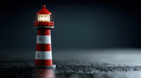 A beautifully rendered miniature lighthouse in red and white stands against a dark background, casting a warm glow and evoking feelings of tranquility and guidance in coastal settings.の素材