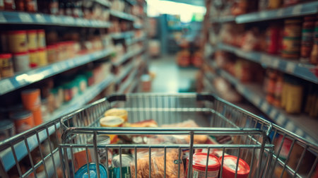 A close view of a grocery cart filled with various food items, captured in a supermarket aisle lined with shelves of products. Perfect for illustrating shopping experiences.の素材