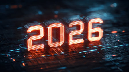 This vibrant digital representation of the year 2026 showcases advanced technology through glowing neon lights and circuit patterns, emphasizing innovation and creativity.の素材