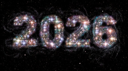 A stunning cosmic depiction of the year 2026 created with sparkling stars and vibrant colors against a dark background, symbolizing hope and dreams for the future.の素材