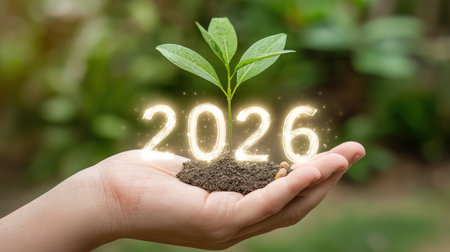 A vibrant green plant emerges from a hand holding soil, with the year 2026 illuminated, symbolizing hope and commitment to sustainable growth and environmental care.の素材