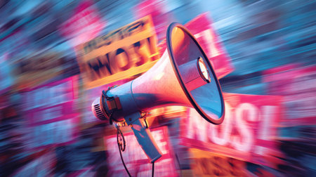 A vibrant megaphone stands out against a dynamic background of blurred protest signs, symbolizing the power of communication in activism and social movements.の素材